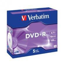 VERBATIM DVD+R 16X Jewel 5pk featuring five discs in jewel cases, ideal for data and video storage.